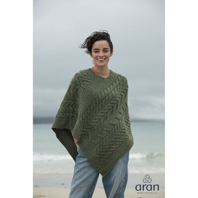 Super Soft Merino Wool Triangular Aran Cable Knitted Poncho, Green Colour